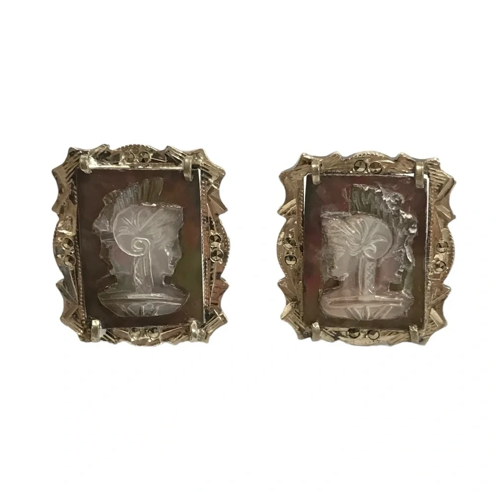 Silver 800 Abalone MOP Marcasite Hand Carved Roman Soldier Cuff Link Set